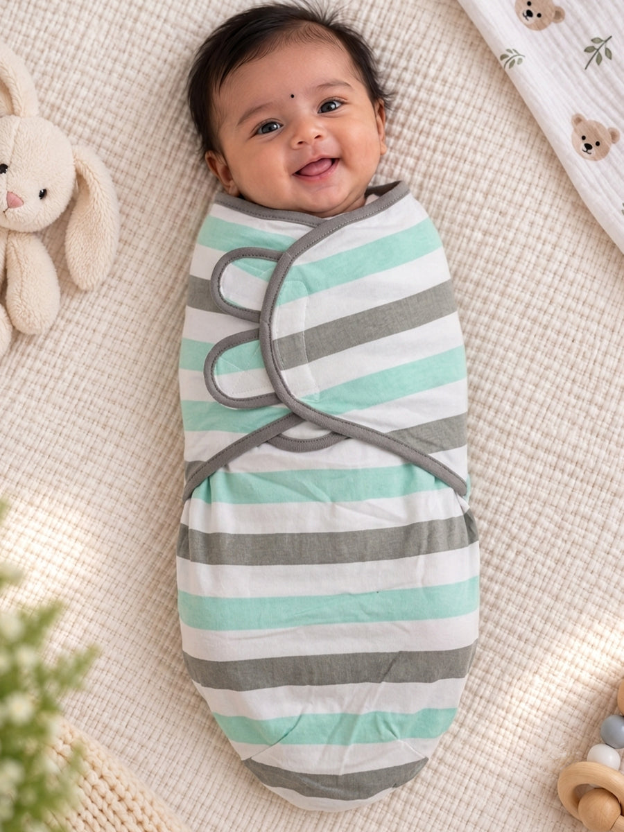 Baby Knitted Cotton Velcro Swaddle – White with Mint Green & Grey Stripe Print | Adjustable Velcro Closure | Ziva Collected | Carefully Selected for Your Little One