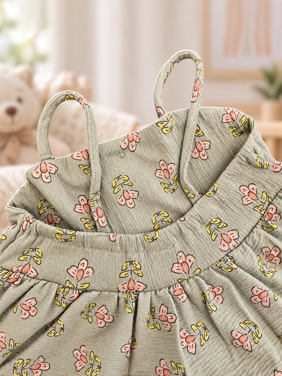 Ziva Baby Girl Strappy Frock with Pantie – Sage Green Floral Print | Premium Knitted Cotton | Layered Frill & Front Buttons | 2-Piece Set