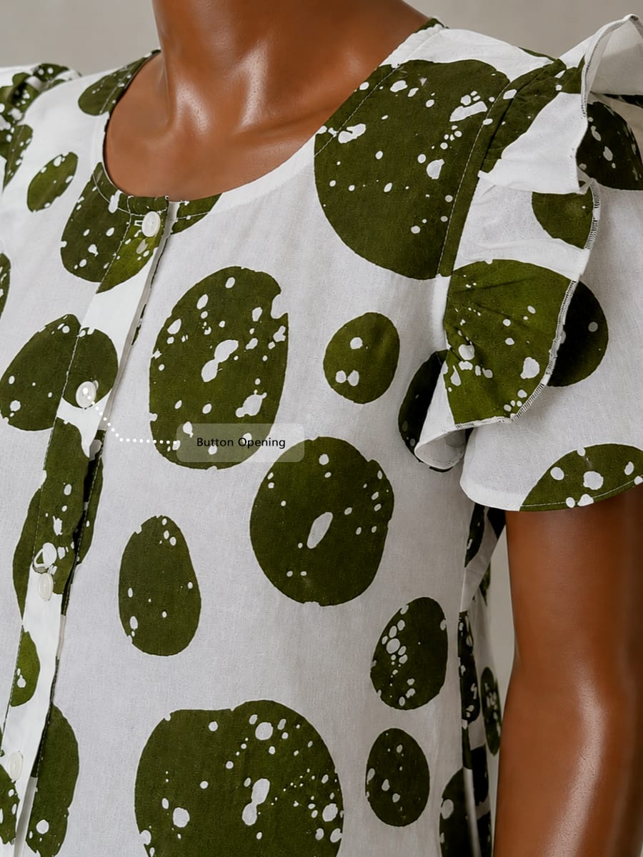 Ziva Maternity & Feeding Cotton Full-Open Short Nighty with Side Pocket – Dark Greenish Grey & Off White Irregular Spot Print