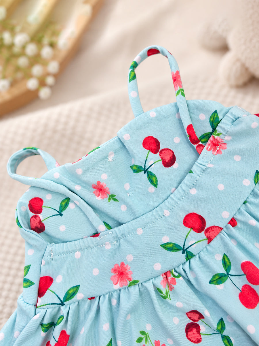 Ziva Baby Girl Strappy Frock with Pantie – Aqua Blue Cherry Print | Premium Knitted Cotton | Layered Frill & Front Buttons | 2-Piece Set