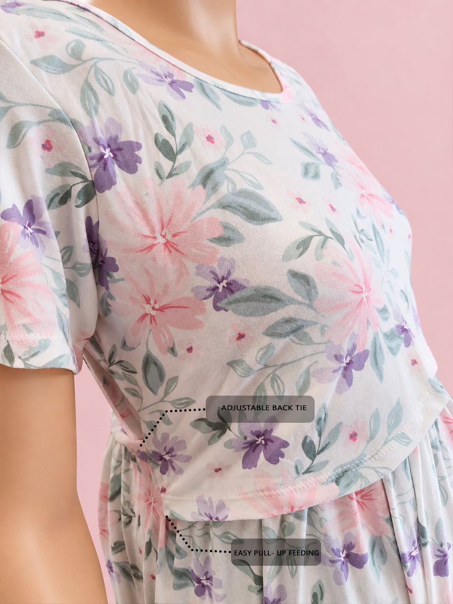 Ziva Zipless Maternity & Feeding Knitted Dress with Adjustable Waist Tie & Side Pocket | Soft Off-White Pink & Lavender Floral Print