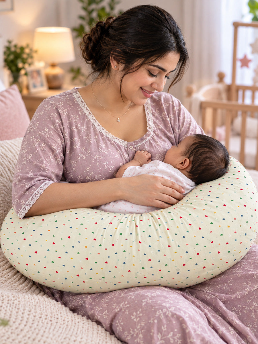 Ziva Multipurpose Feeding Pillow – Premium Organic Cotton | Soft Cream with Multicolour Tiny Heart Print | Removable & Washable Cover