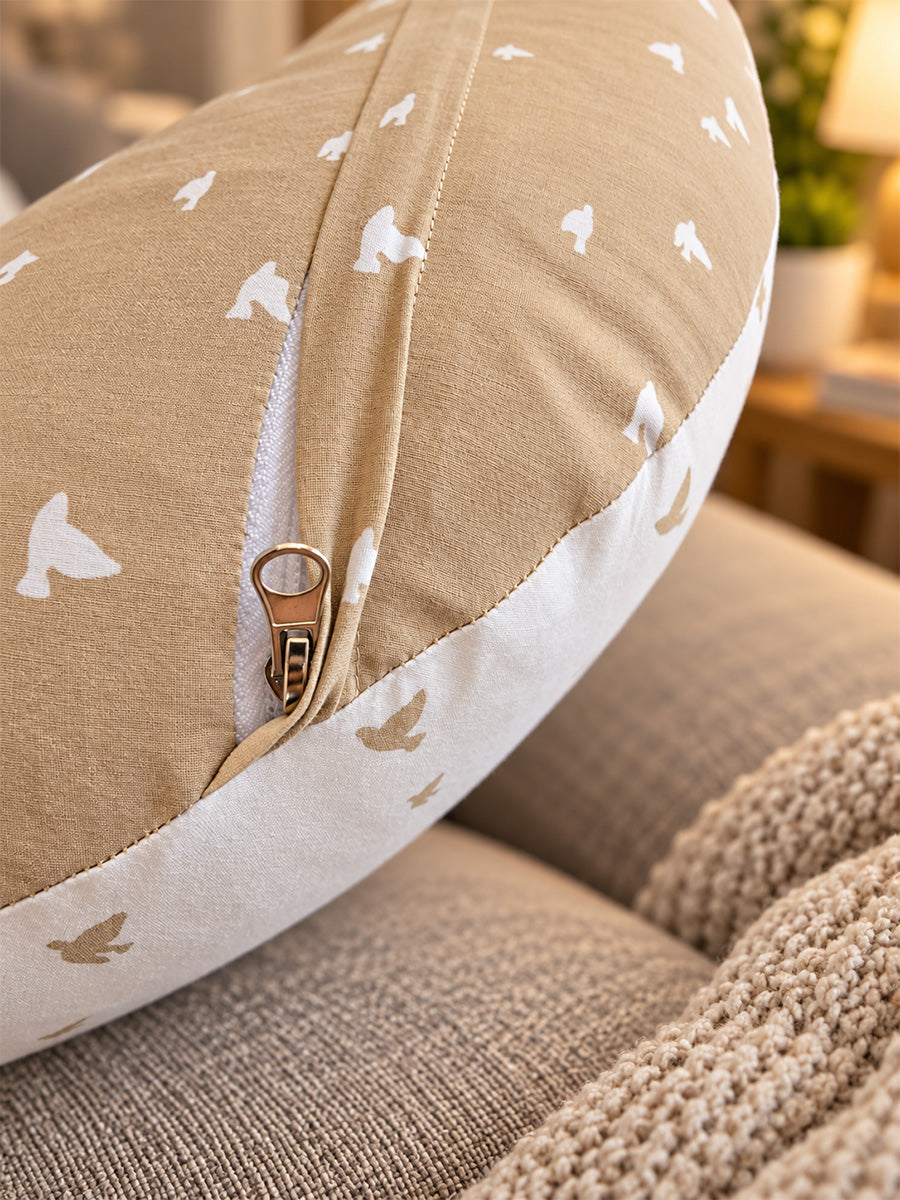 Ziva Multipurpose Feeding Pillow – Warm Beige & White with Reversible Bird Print | 100% Cotton Cover | Removable & Washable