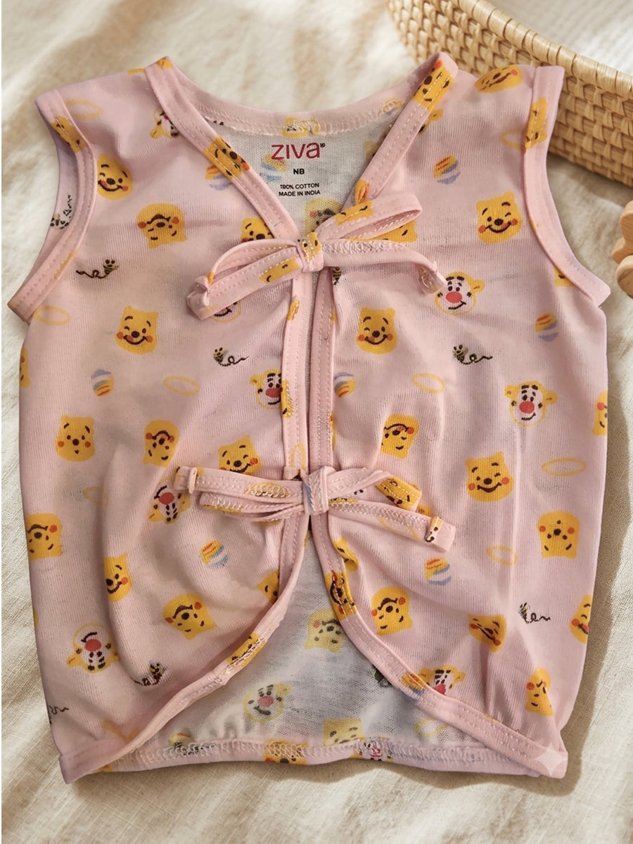 Ziva Newborn Knitted Cotton Front Open Tie Jabla with Light Padded Tie Nappy – Blush Pink Cute Bear Print | 1 Jabla + 1 Nappy