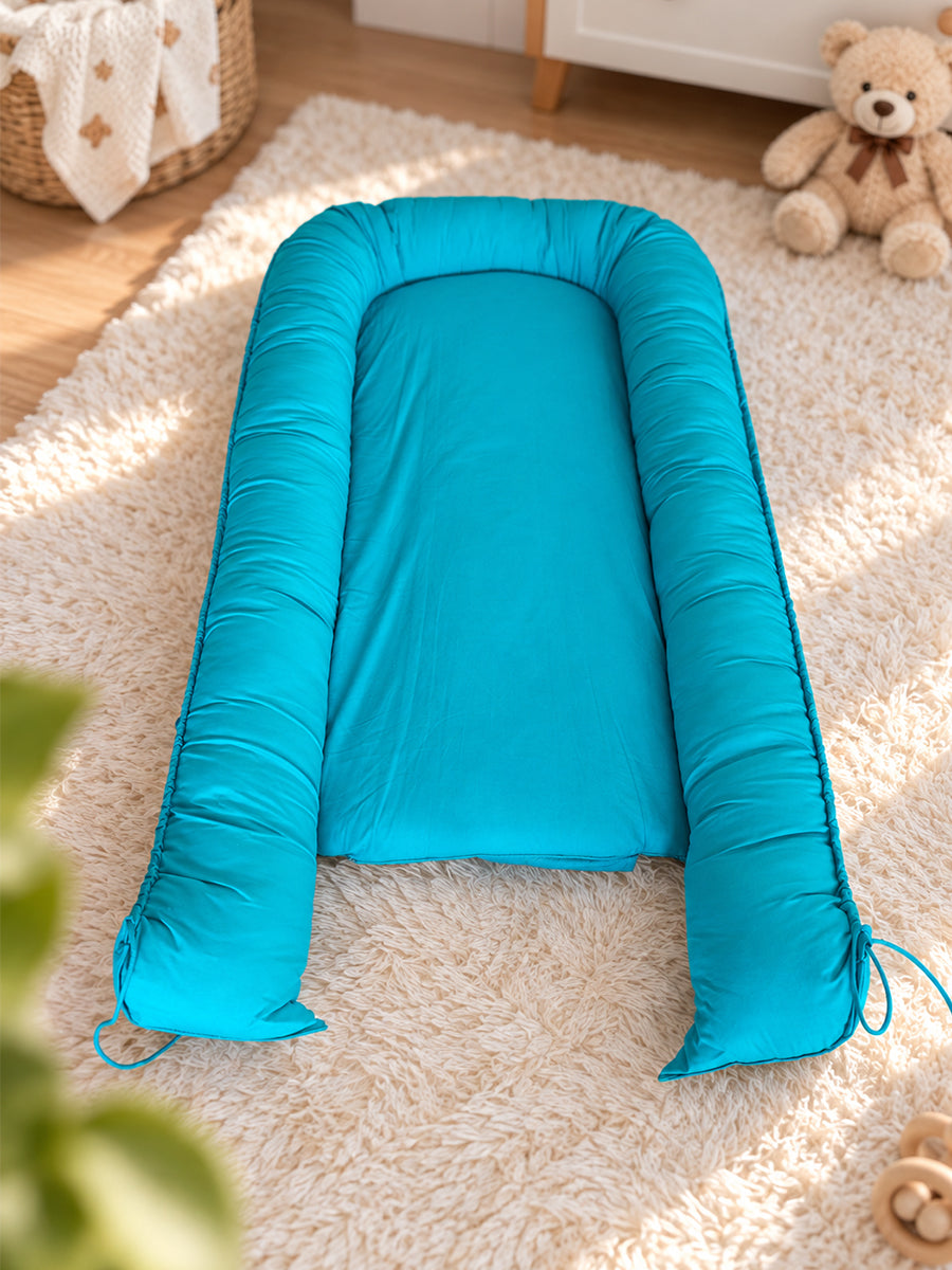 Premium Organic Cotton Multipurpose Baby Nest –  Newborn Baby Lounger & Baby Bed | Turquoise Blue | Ziva Collected | Carefully Selected for Your Little One