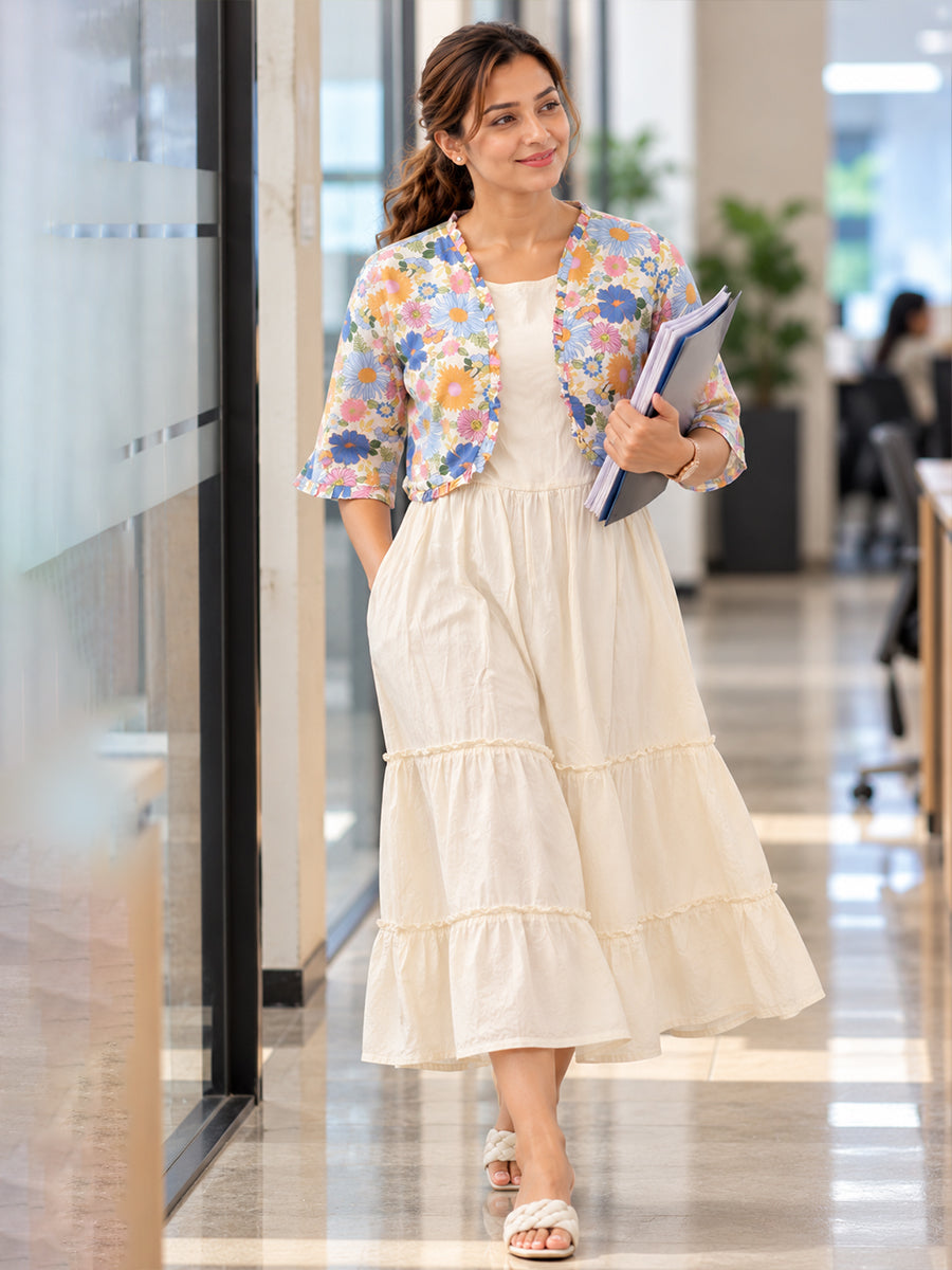 Ziva Maternity & Feeding Sleeveless Dress with Frill-Detail Floral Jacket | Off-White & Multicolour Floral