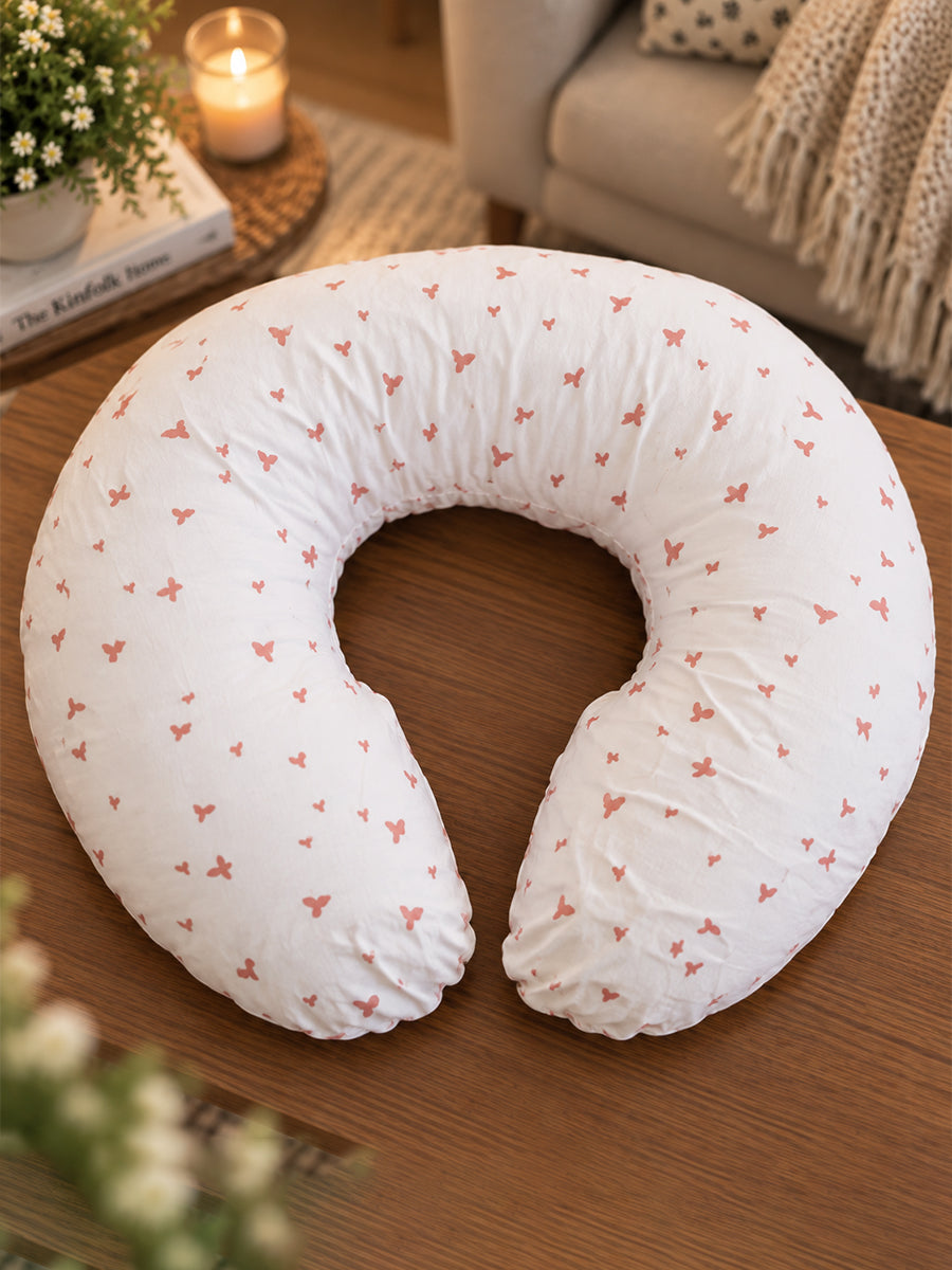 Ziva Multipurpose Feeding Pillow – White with Peach Pink Bird Print | 100% Cotton Cover | Removable & Washable