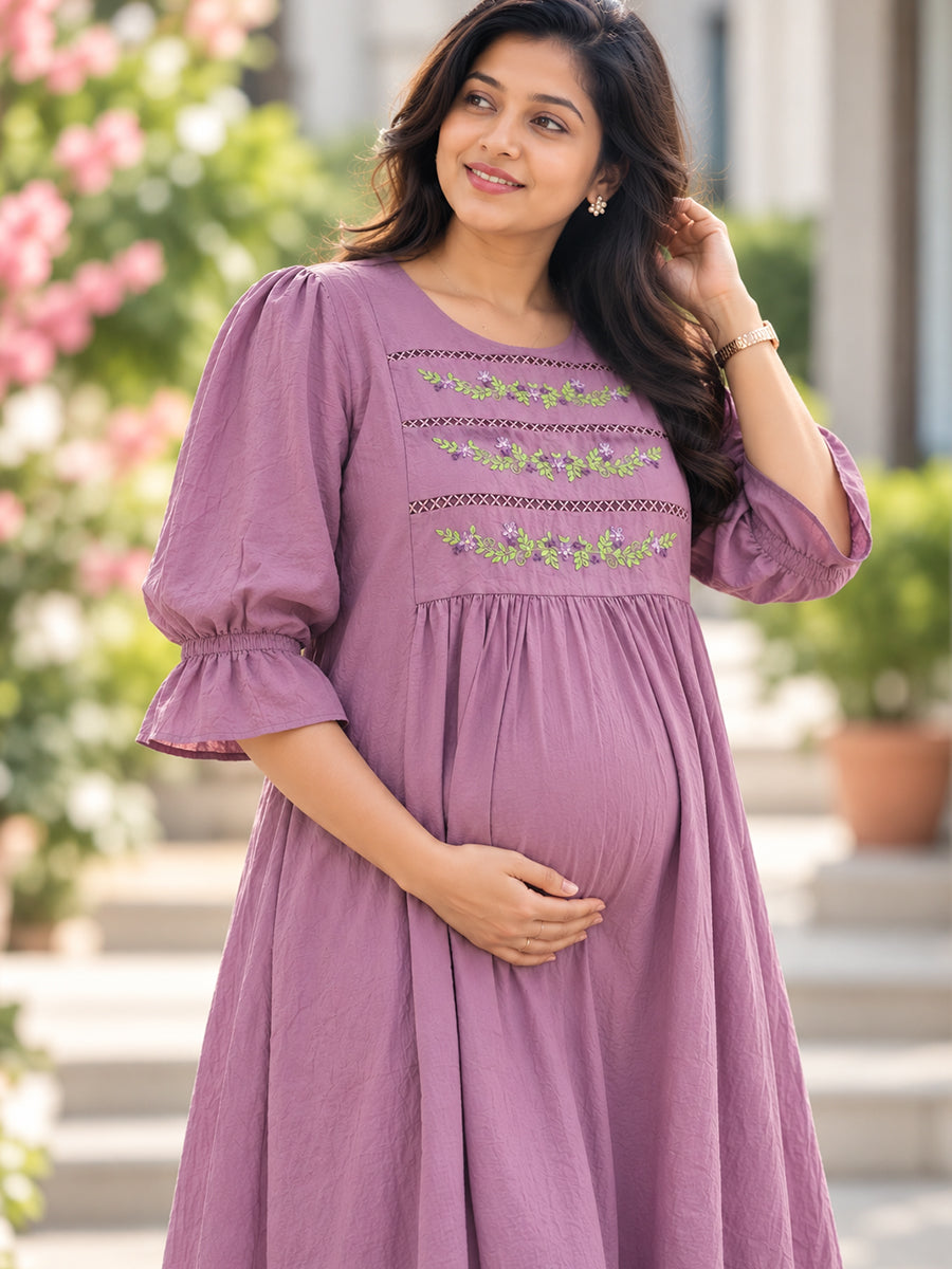 Ziva Premium Crinkle Viscose Maternity & Feeding Occasion Dress with Hand-Embroidered Yoke & Adjustable Puff Sleeves | Dusty Lavender