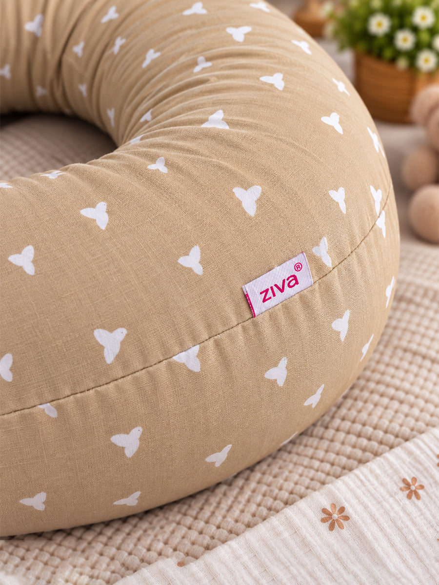 Ziva Multipurpose Feeding Pillow – Warm Beige with White Bird Print | 100% Cotton Cover | Removable & Washable