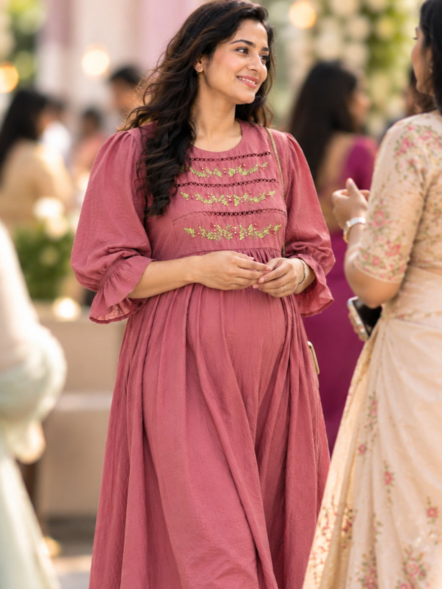 Ziva Premium Crinkle Viscose Maternity & Feeding Occasion Dress with Hand-Embroidered Yoke & Adjustable Puff Sleeves | Dusty Rose