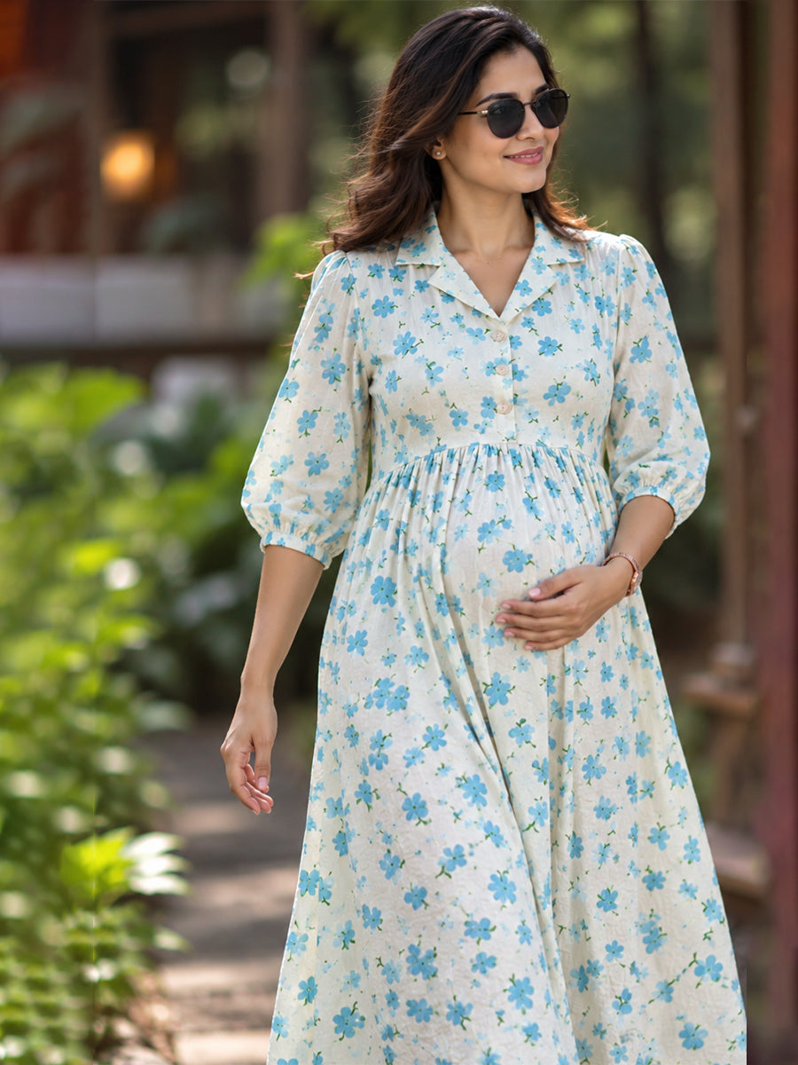 Ziva Premium Cotton Seersucker Maternity & Feeding Dress with Notched Collar, Concealed Zips & Side Pocket | Soft Cream Aqua Blue Floral