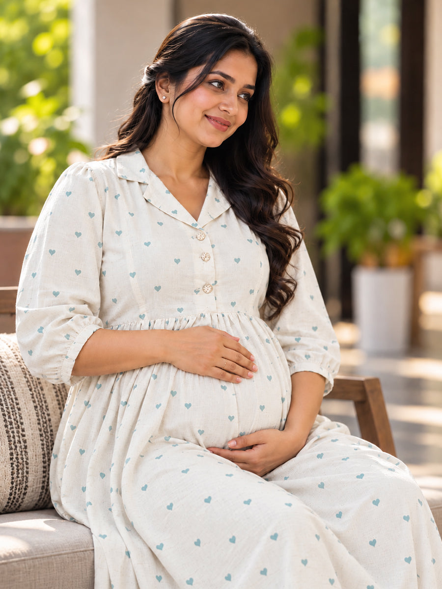 Ziva Premium Viscose Linen Maternity & Feeding Dress with Notched Collar, Concealed Zips & Side Pocket | Soft Cream Aqua Blue Heart Print