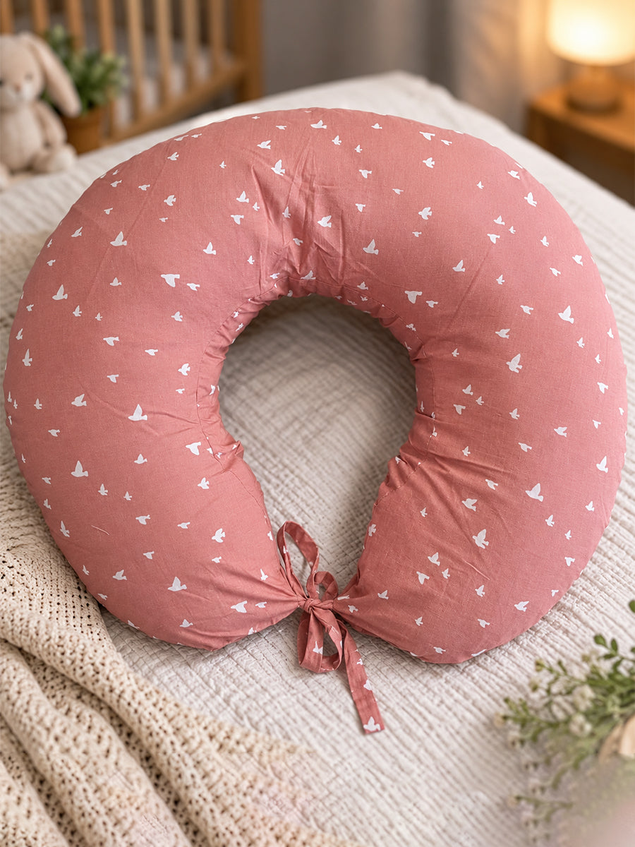 Ziva Multipurpose Feeding Pillow – White with Warm Beige Bird Print | 100% Cotton Cover | Removable & Washable