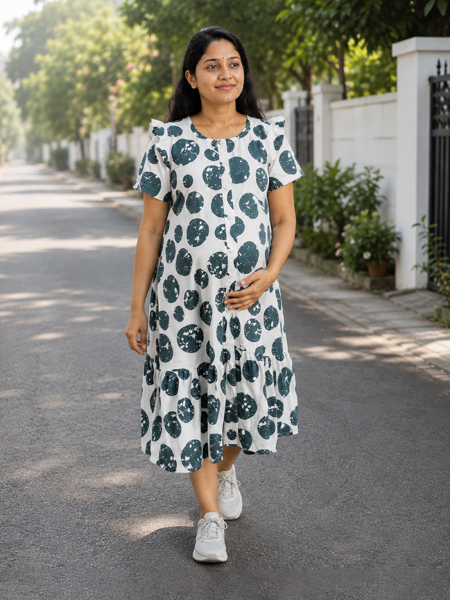 Ziva Maternity & Feeding Cotton Full-Open Short Nighty with Side Pocket – Dark Grey & Off White Irregular Spot Print