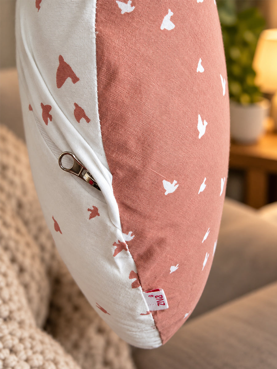 Ziva Multipurpose Feeding Pillow – White & Peach Pink with Reversible Bird Print | 100% Cotton Cover | Removable & Washable
