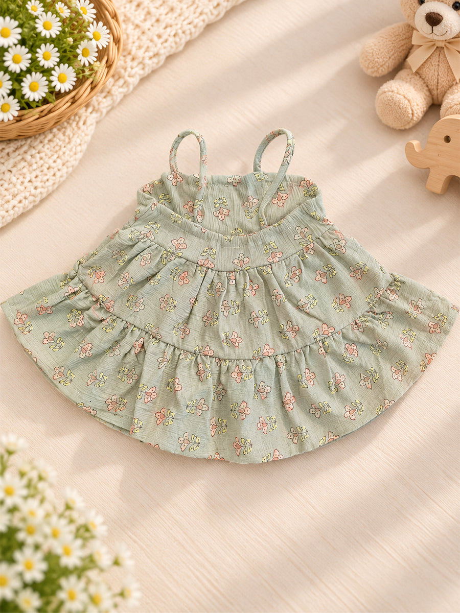 Ziva Baby Girl Strappy Frock with Pantie – Sage Green Floral Print | Premium Knitted Cotton | Layered Frill & Front Buttons | 2-Piece Set