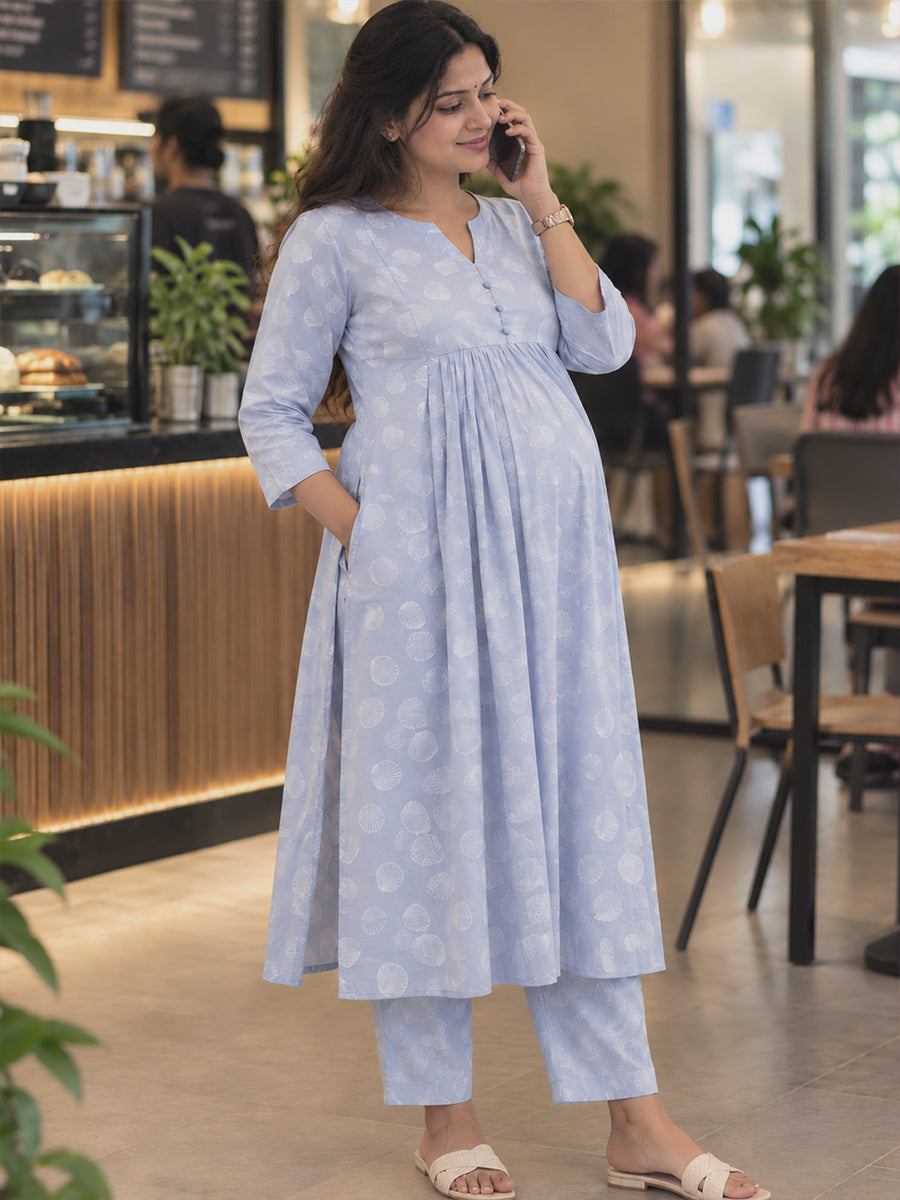 Ziva Maternity & Feeding Cotton Co-ord Set with Side Zips & Pockets – Pale Lavender Seashell Print