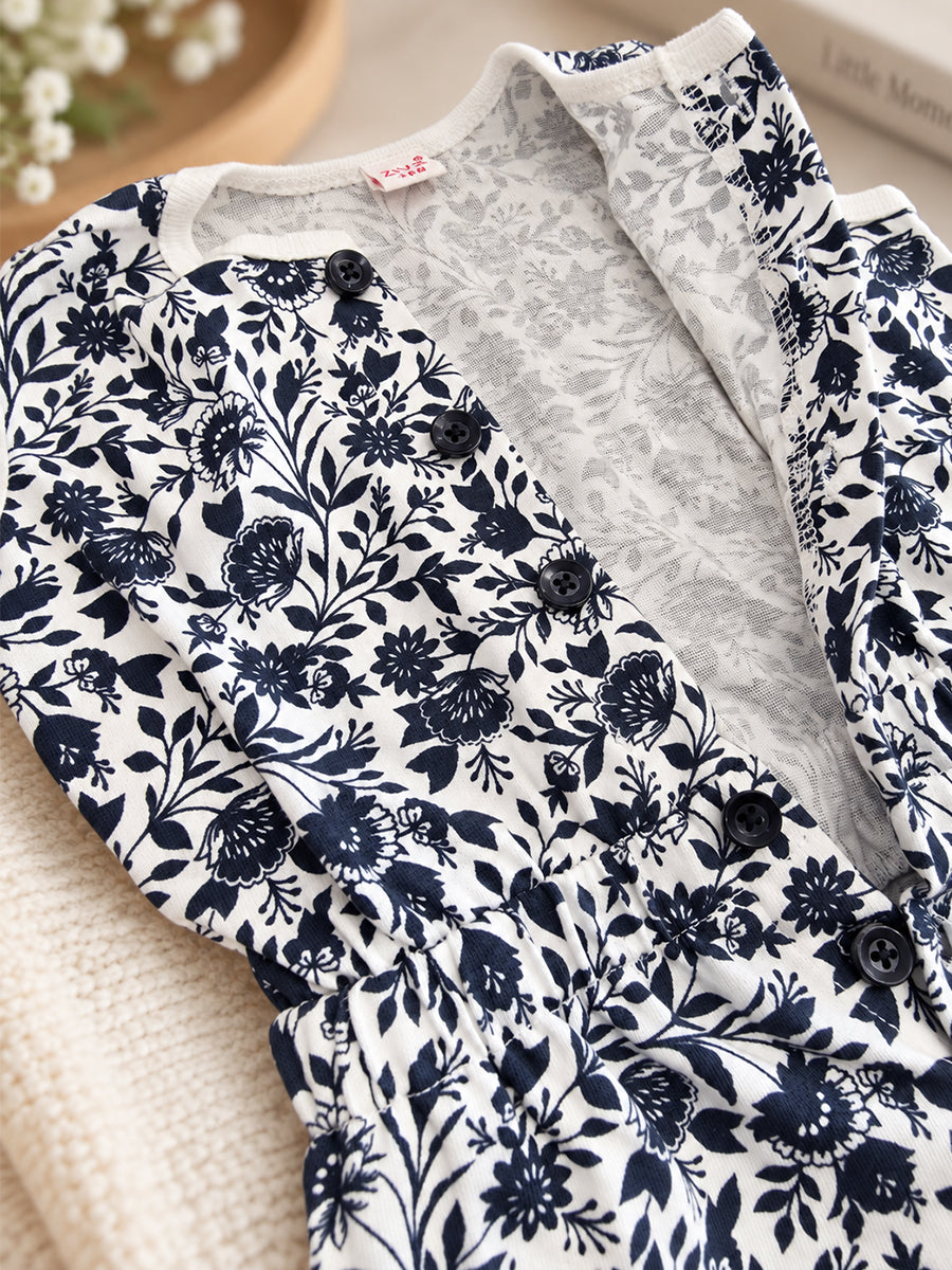 Ziva Baby Playsuit Romper – Blue Tropical Leaf Print | Knitted Cotton | Front Button Open | Elasticated Waist