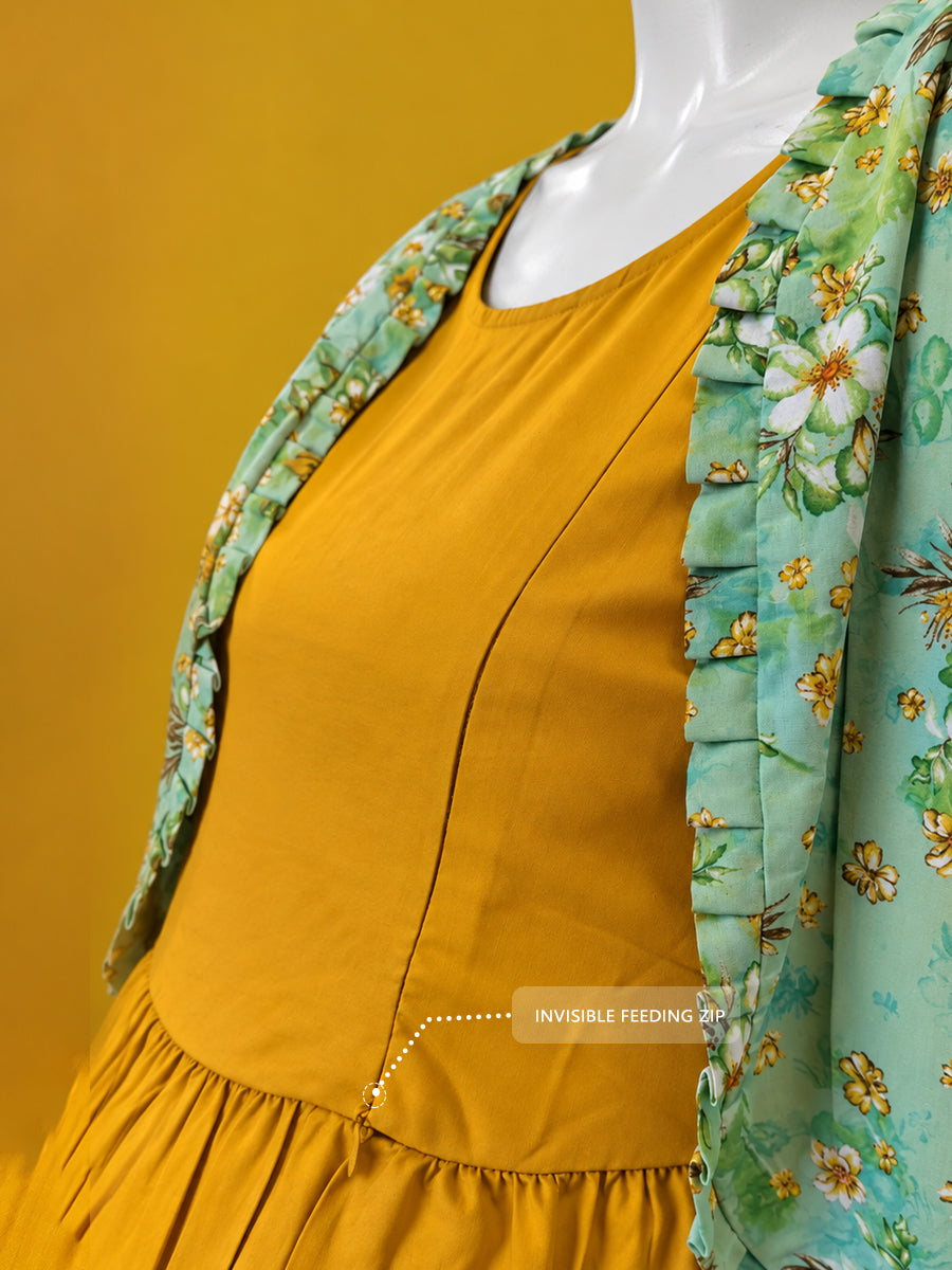 Ziva Maternity & Feeding Sleeveless Dress with Frill-Detail Floral Jacket | Dark Orange Yellow & Light Green Floral