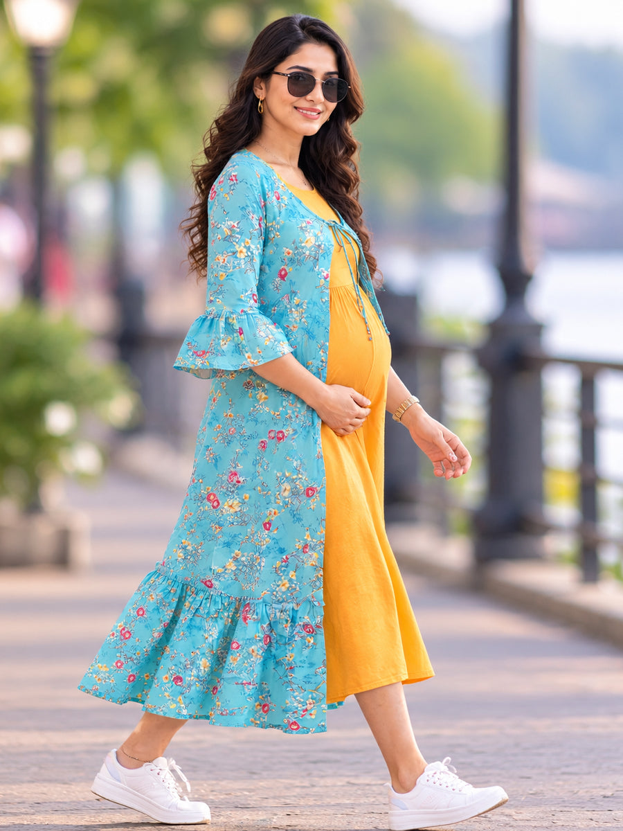 Ziva Premium Rayon Maternity & Feeding Dress with Sleeveless Inner & Floral Tie-Up Long Jacket with side pocket – Dark Orange Yellow & Turquoise Blue Floral