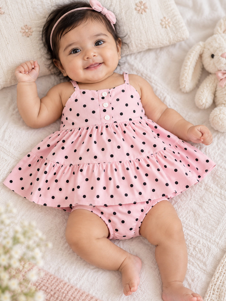 Ziva Baby Girl Strappy Frock with Pantie – Blush Pink Black Polka Dot Print | Premium Knitted Cotton | Tiered Frill & Front Buttons | 2-Piece Set