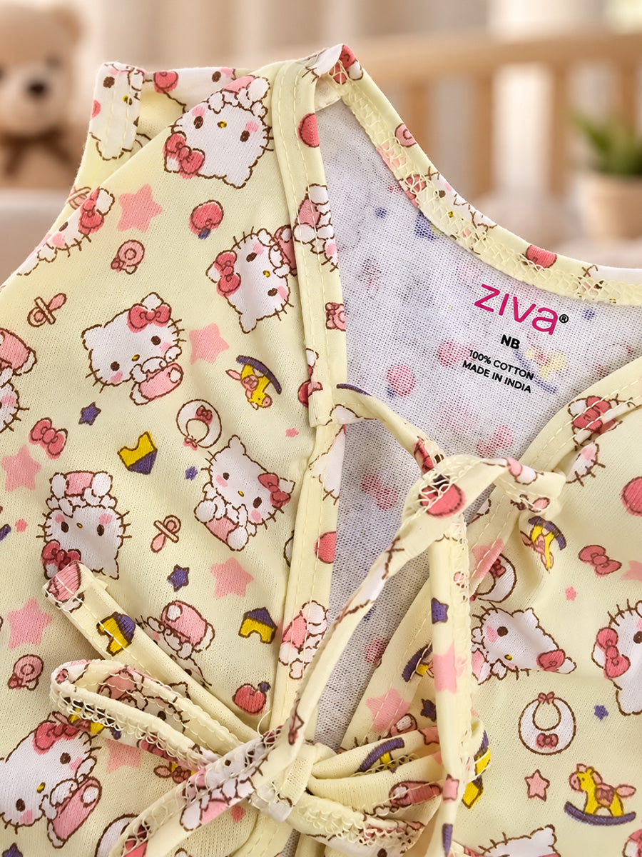 Ziva Newborn Knitted Cotton Front Open Tie Jabla with Light Padded Tie Nappy – Butter Yellow Kitty Print | 1 Jabla + 1 Nappy
