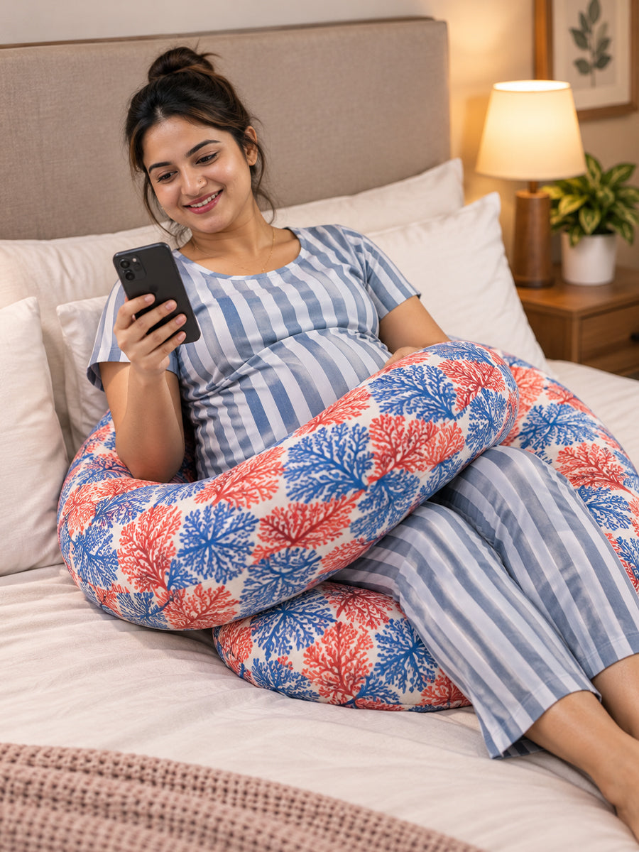 Ziva Multipurpose Pregnancy Pillow / Maternity Pillow / Body Pillow – 9 Shape (C Shape) – Red & Blue Botanical Print | 100% Cotton