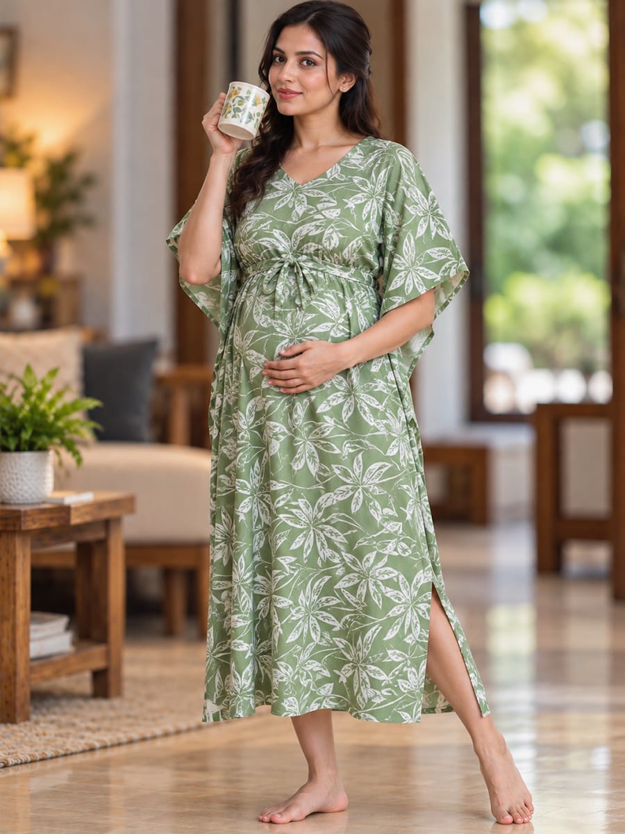 Ziva Maternity & Feeding Cotton Rayon Blend Kaftan – Concealed Feeding Zips & Waist Adjustable Tie | Sage Green Botanical Leaf Print
