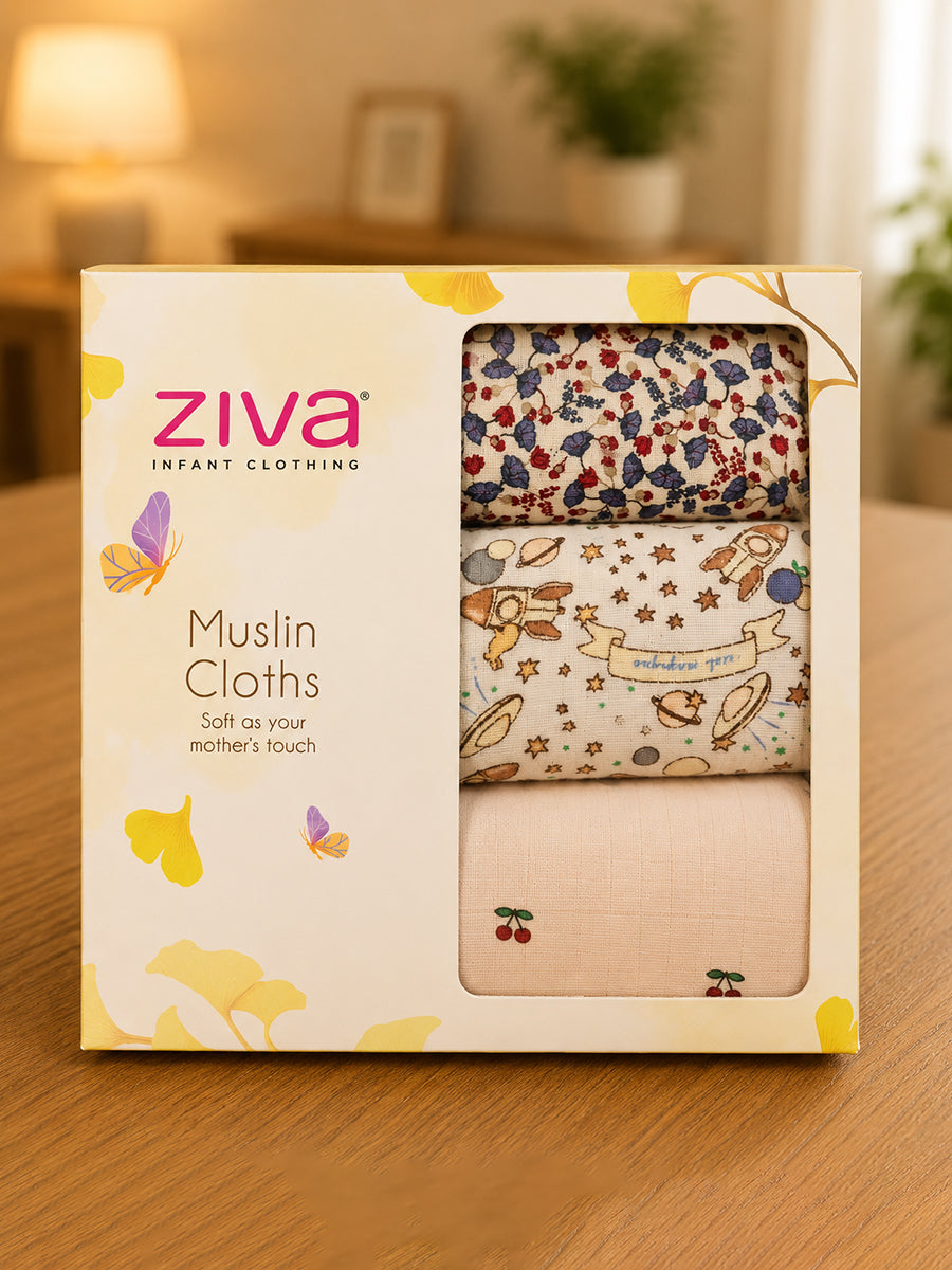 Ziva Premium Cotton Muslin Cloth – 3 Pieces | 100 × 100 cm Extra Large | Soft, Breathable & Multipurpose | Assorted Prints | Print Included: Small Cherry