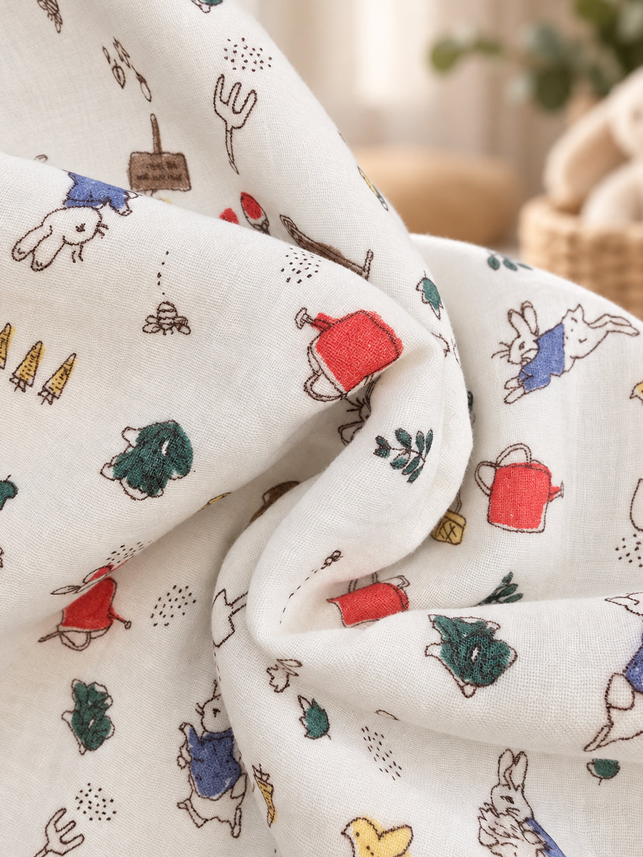 Ziva Premium Muslin Hooded Towel – Double Layer Muslin with Soft Fleece Core | Garden Bunny Print