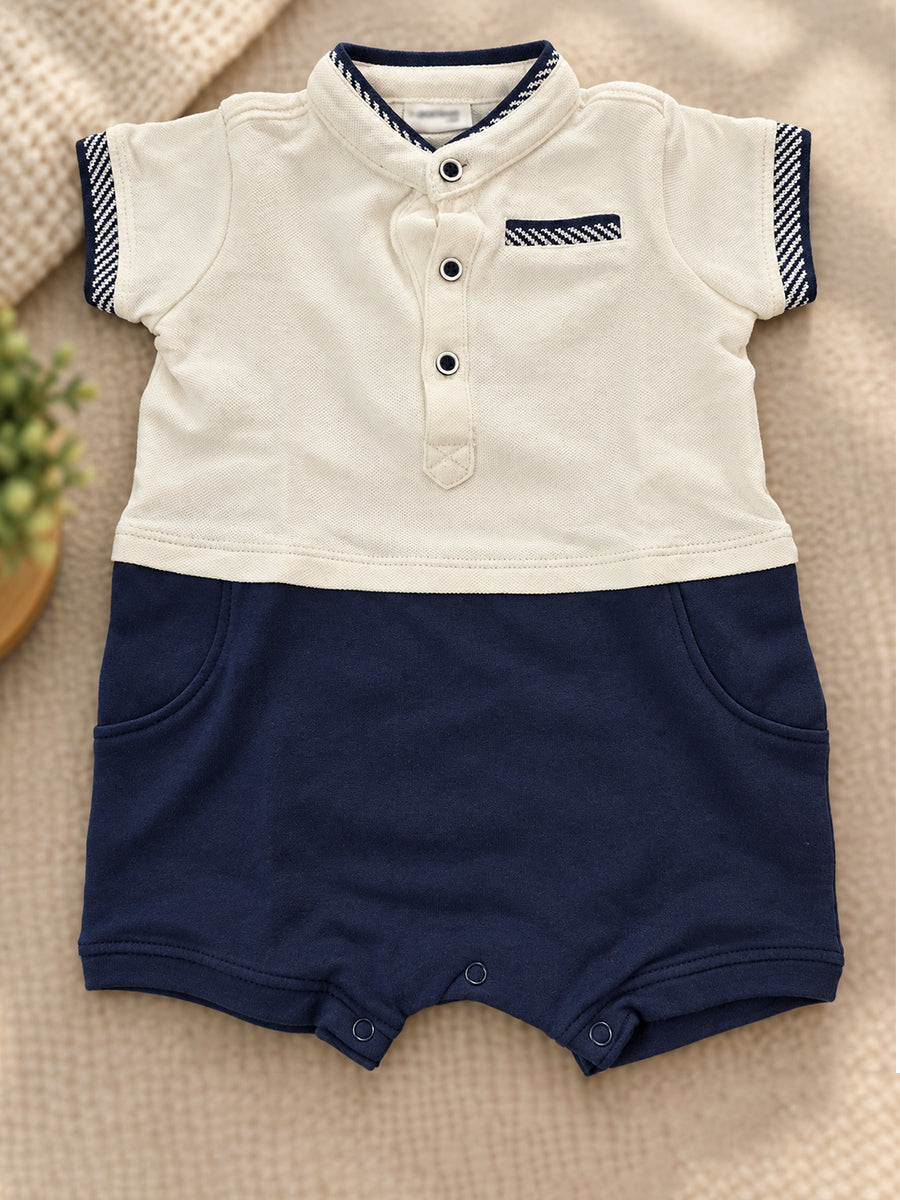 Baby Boy Knitted Cotton Polo Style Jumpsuit – Off-White & Navy Blue | Ziva Collected | Carefully Selected for Your Little One