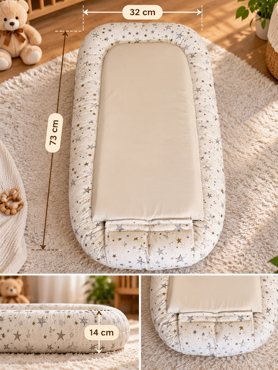 Premium Organic Cotton Multipurpose Baby Nest – Newborn Baby Lounger & Baby Bed | Grey & Gold Star Print | Ziva Collected | Carefully Selected for Your Little One