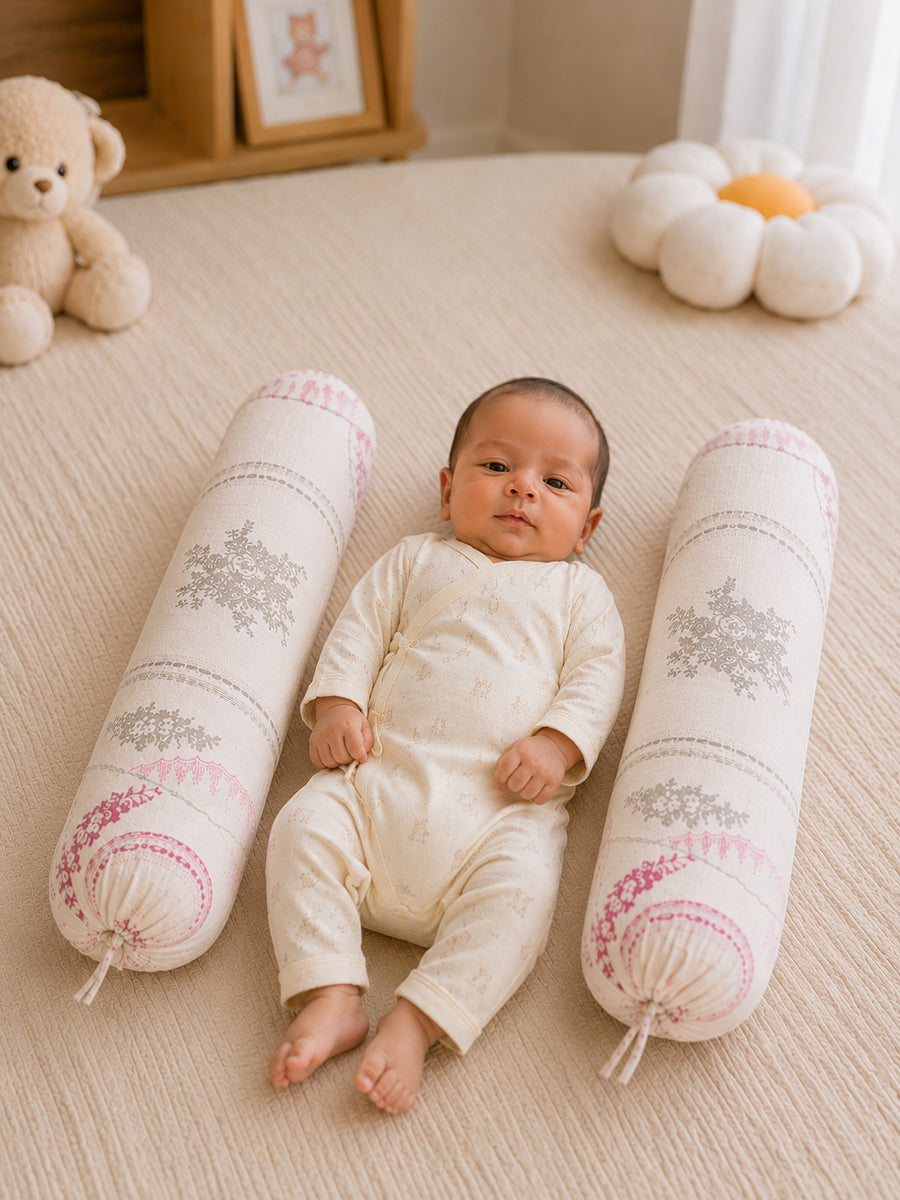 Ziva Baby Side Pillow (Bolster Pillow) | Multipurpose | Cotton Cover | Vintage Rose Medallion Print