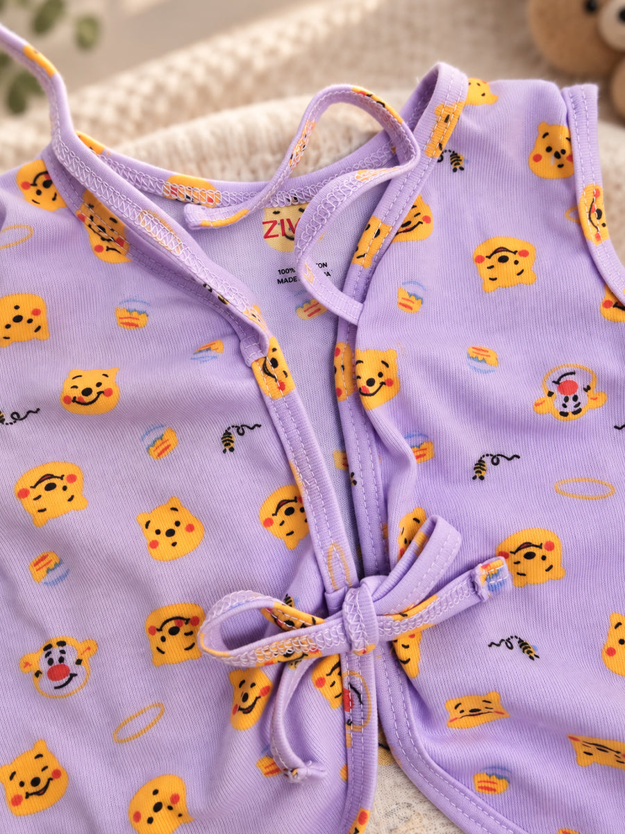 Ziva Newborn Knitted Cotton Front Open Tie Jabla with Light Padded Tie Nappy – Light Lilac Bear Print | 1 Jabla + 1 Nappy