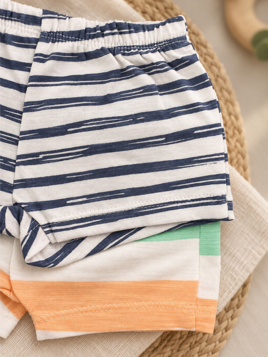 Ziva Baby Premium Knitted Cotton Shorts Combo – Pack of 2 | Navy Stripe & Multicolour Stripe