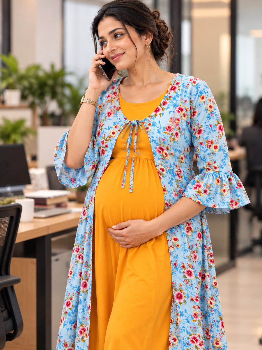 Ziva Premium Rayon Maternity & Feeding Dress with Sleeveless Inner & Floral Tie-Up Long Jacket with side pocket – Dark Orange Yellow & Light Aqua Blue Floral