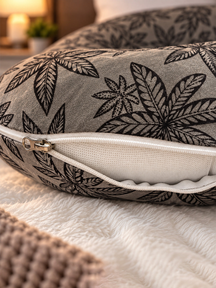 Ziva Multipurpose Pregnancy Pillow / Maternity Pillow / Body Pillow – U Shape – Grey & Black Botanical Leaf Print | Velvet Fabric