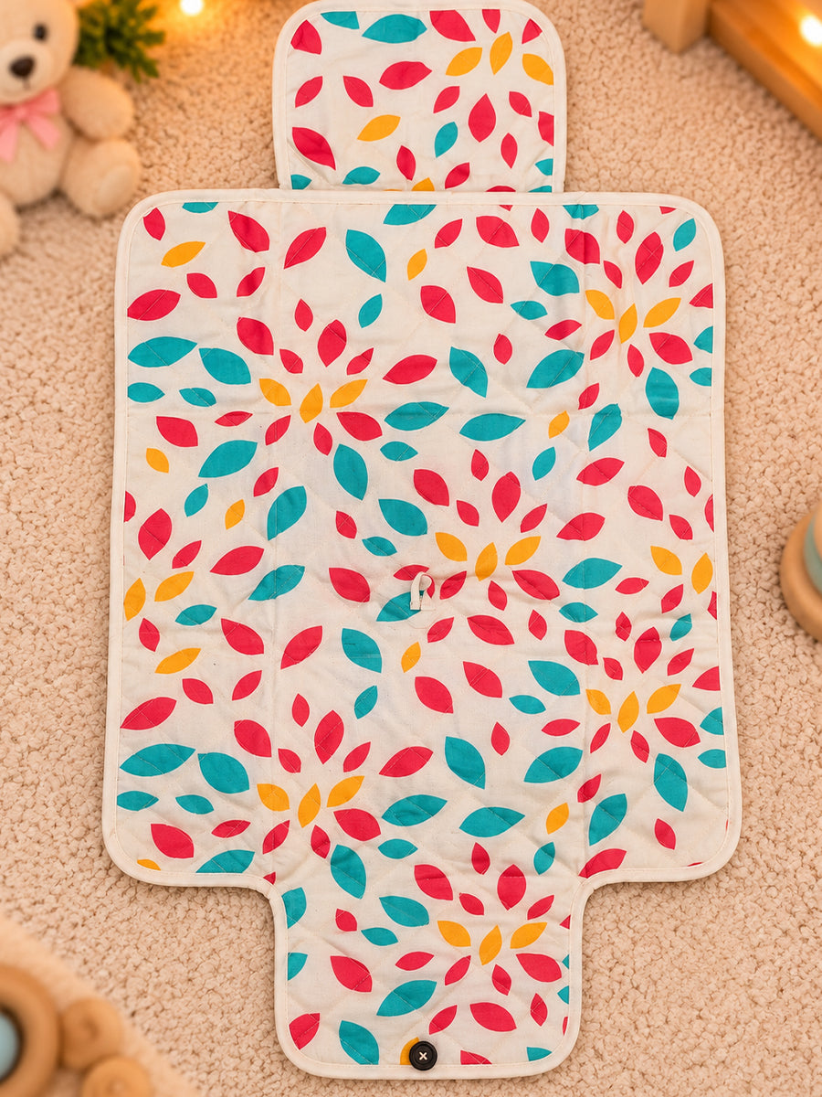 Ziva Baby Nappy & Diaper Changing Sheet – Foldable Travel Changing Mat with Storage Pocket | Off-White Multicolour Leaf Print