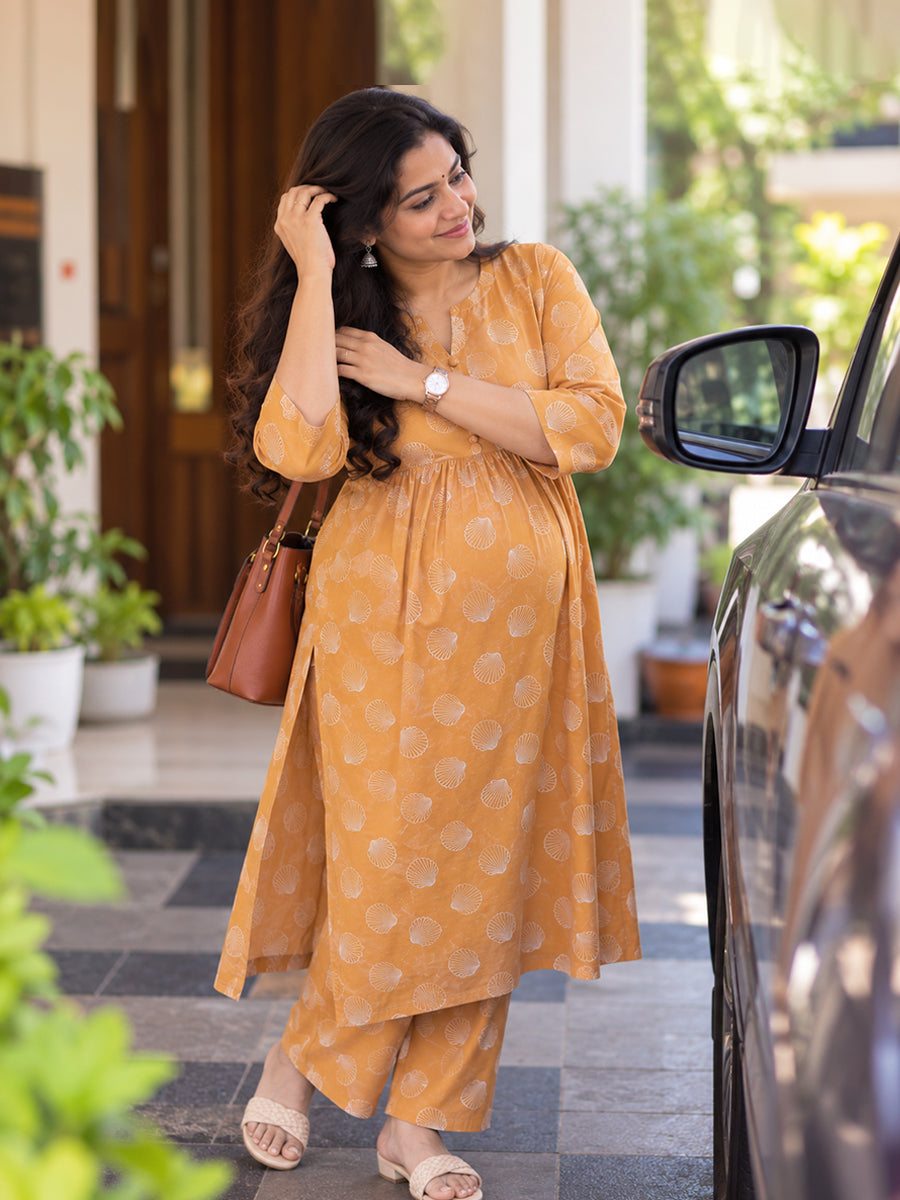 Ziva Maternity & Feeding Cotton Co-ord Set with Side Zips & Pockets – Warm Orange Yellow Seashell Print