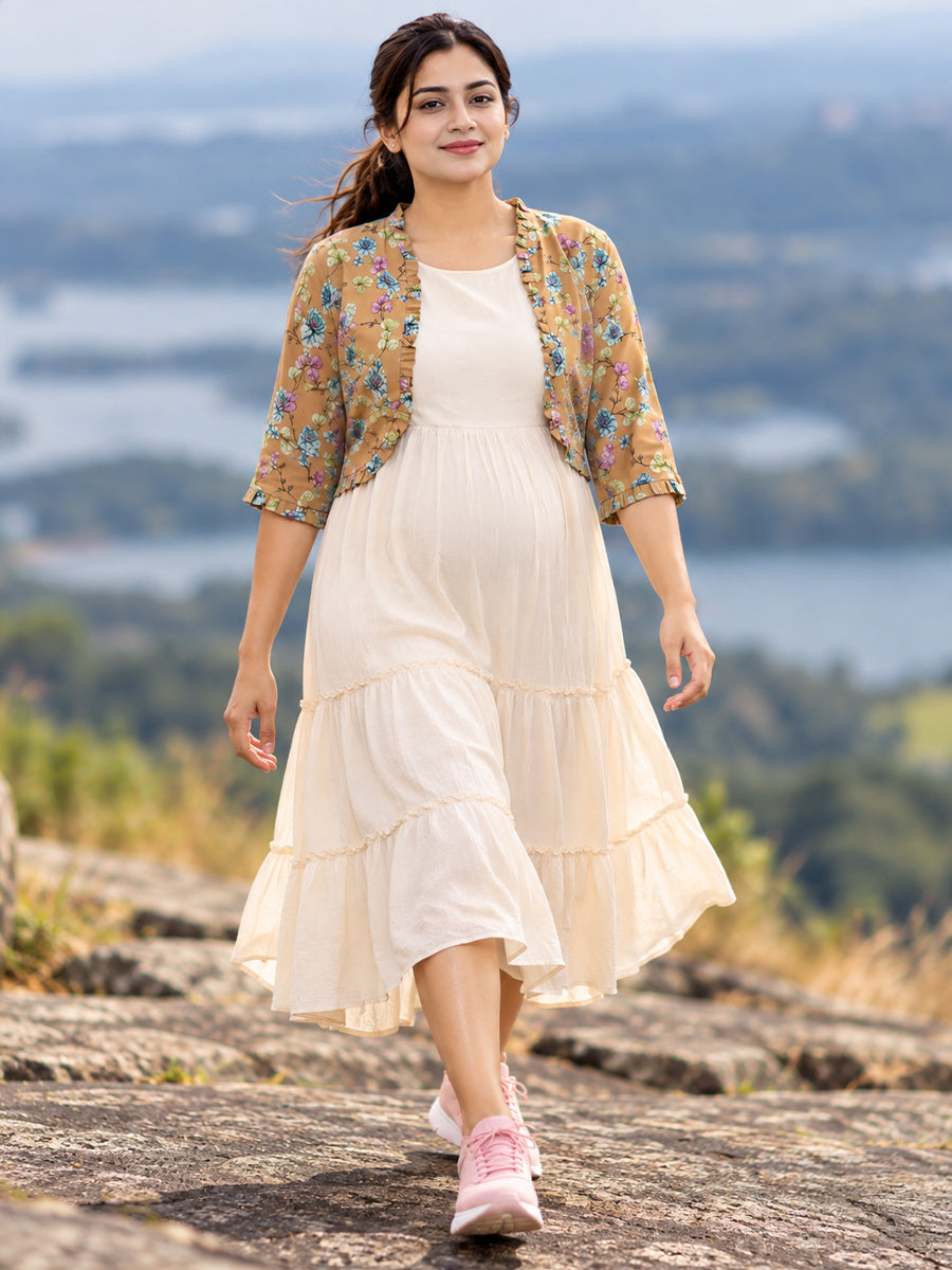 Ziva Maternity & Feeding Sleeveless Dress with Frill-Detail Floral Jacket | Off-White & Caramel Mustard Floral