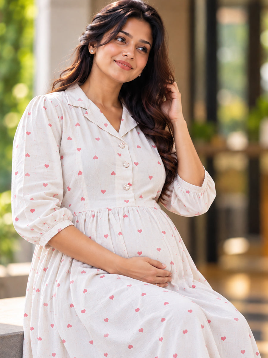 Ziva Premium Viscose Linen Maternity & Feeding Dress with Notched Collar, Concealed Zips & Side Pocket | Soft Cream Dusty Rose Heart Print