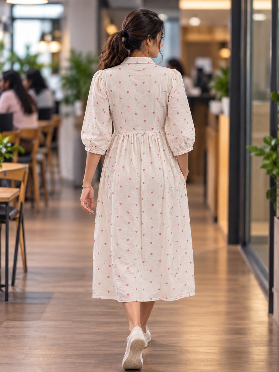 Ziva Premium Viscose Linen Maternity & Feeding Dress with Notched Collar, Concealed Zips & Side Pocket | Soft Cream Dusty Rose Heart Print