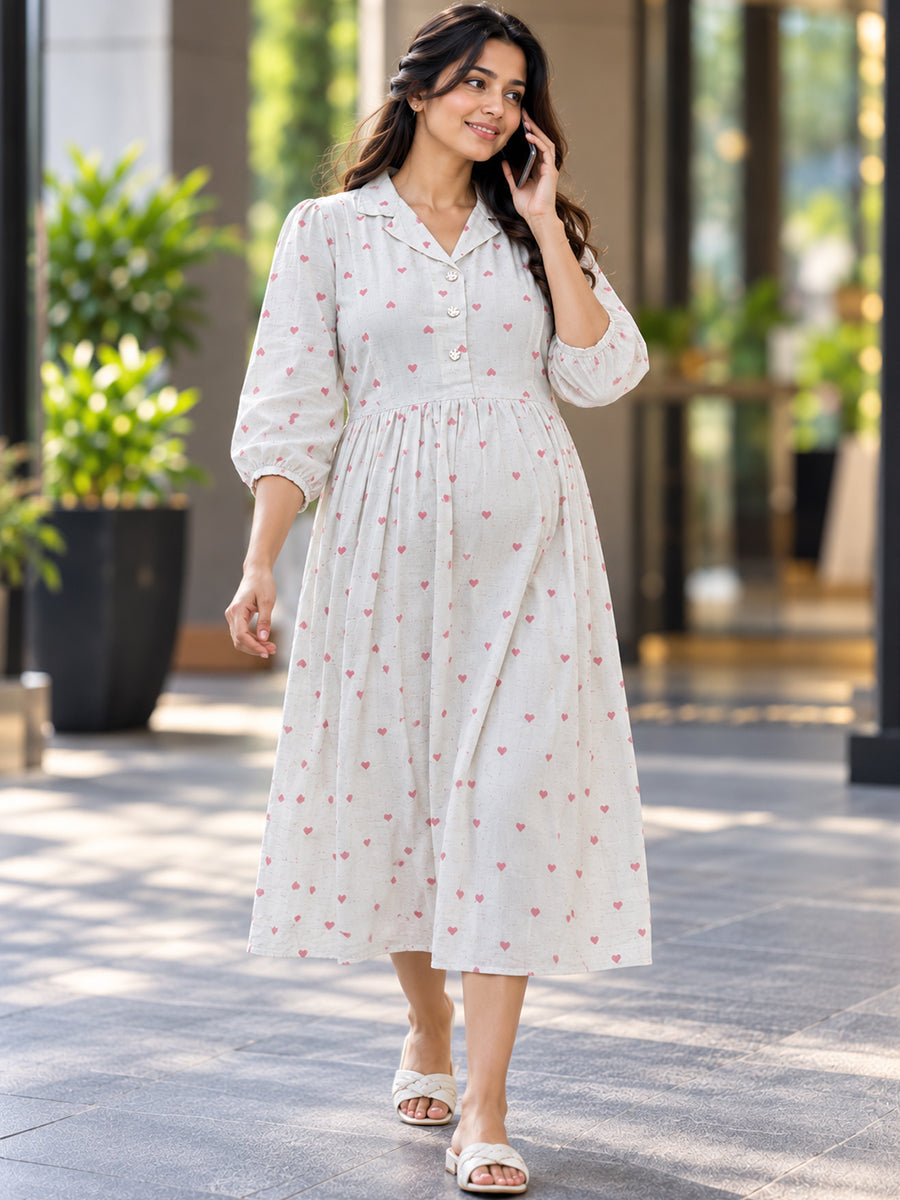 Ziva Premium Viscose Linen Maternity & Feeding Dress with Notched Collar, Concealed Zips & Side Pocket | Soft Cream Dusty Rose Heart Print