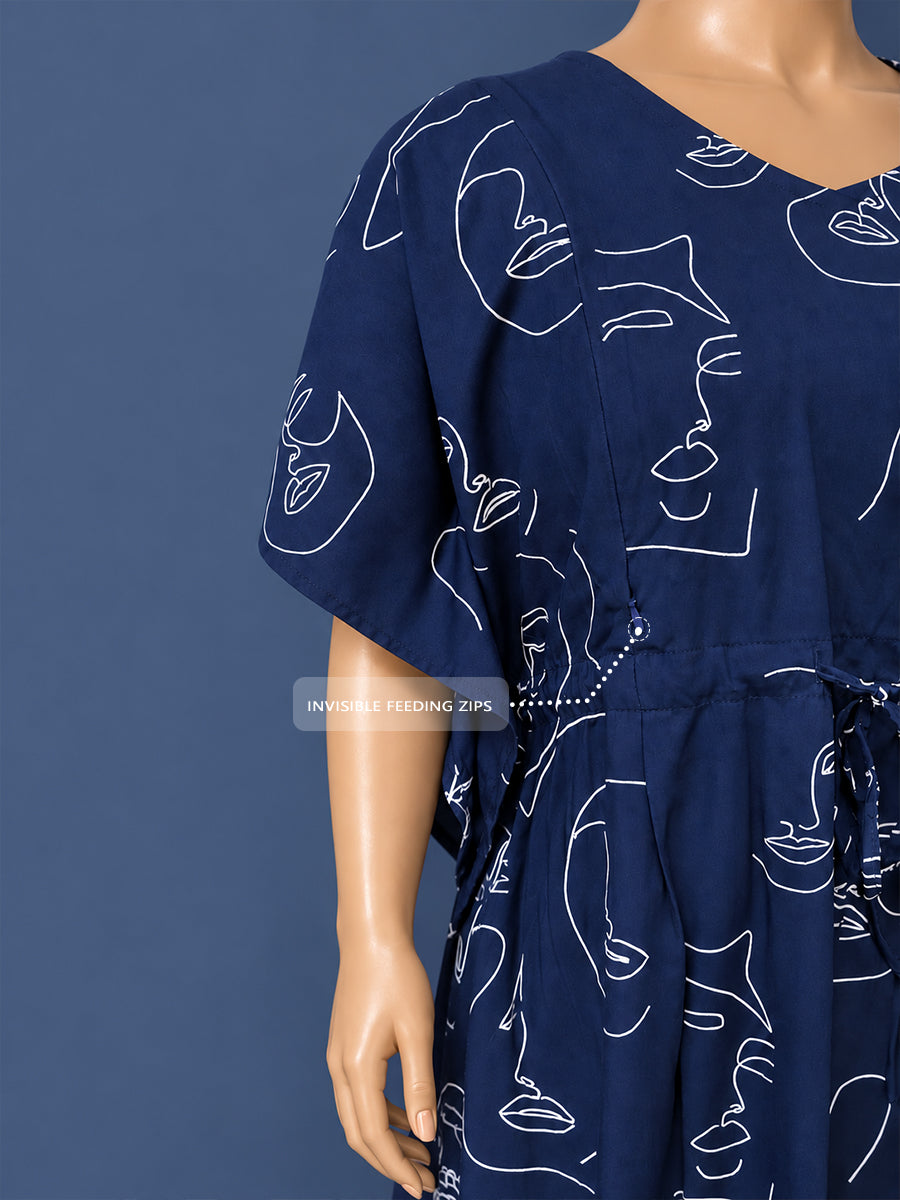 Ziva Maternity & Feeding Rayon Kaftan – Concealed Feeding Zips & Waist Adjustable Tie |Dark  Navy Blue Abstract Face Line Art Print