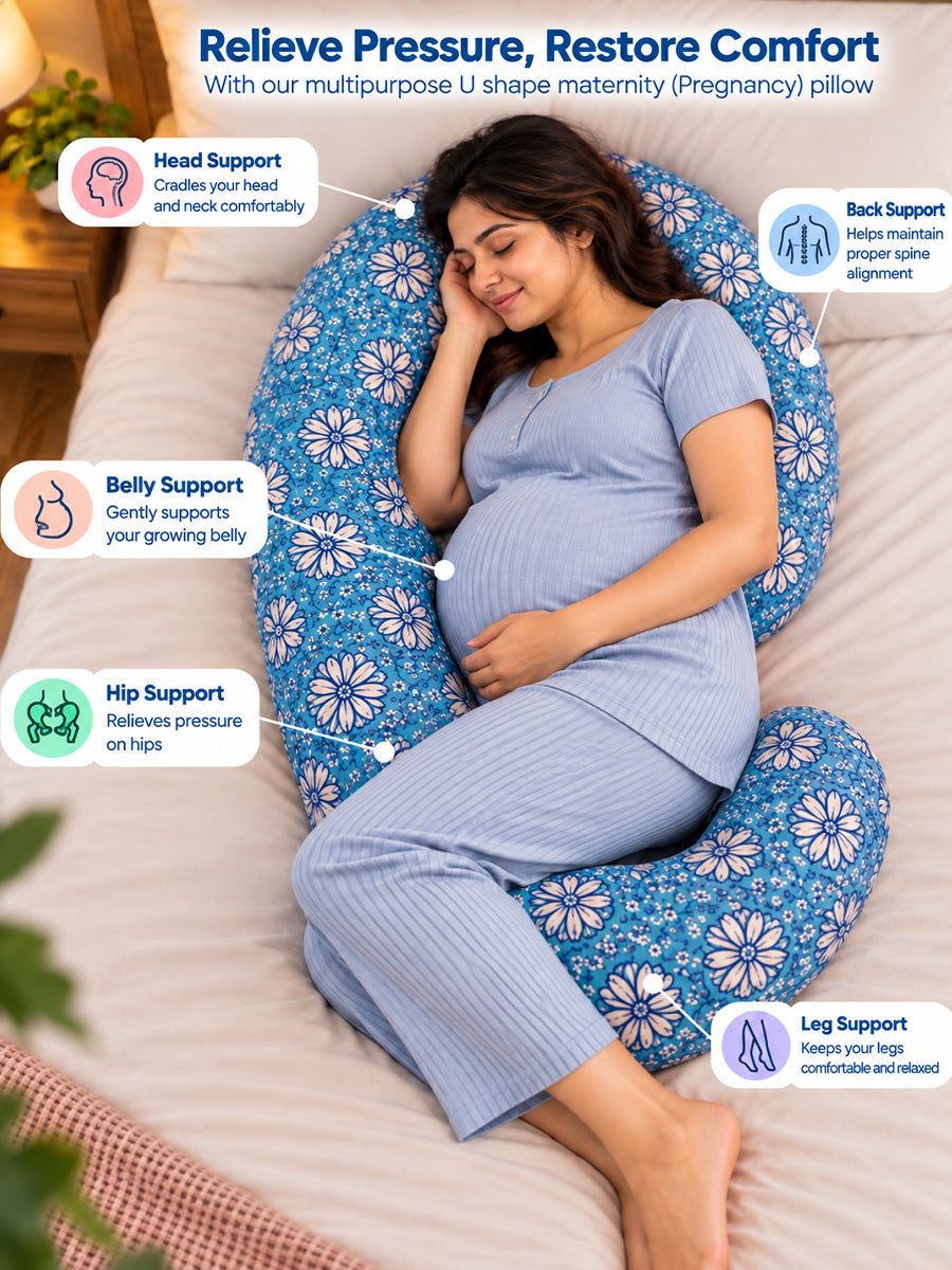 Ziva Multipurpose Pregnancy Pillow / Maternity Pillow / Body Pillow – 9 Shape (C Shape) – Blue Floral Print | 100% Cotton