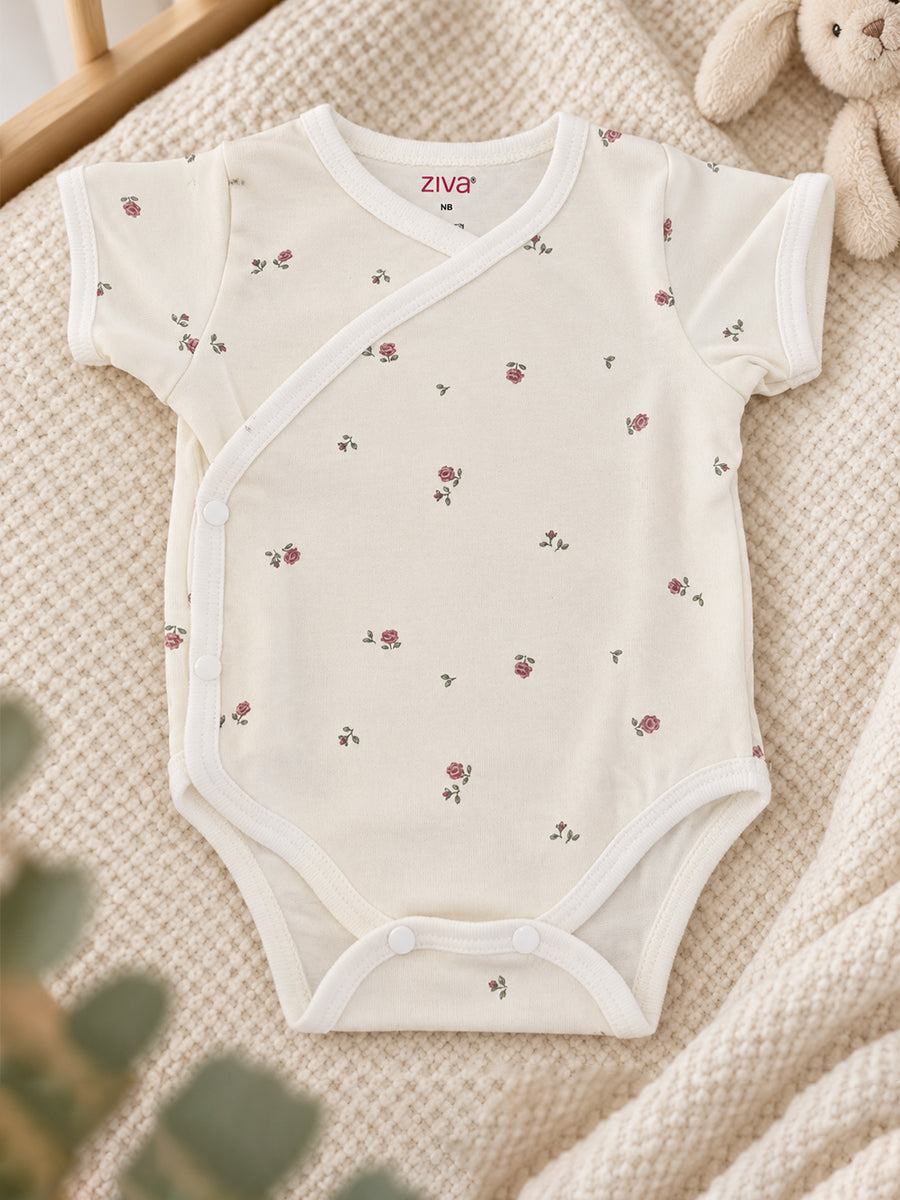 Ziva Baby Premium Knitted Cotton Overlap Romper – Pack of 3 | Ivory Mini Rose, Blush Pink Rose Dot & Baby Pink Bow Assorted Prints