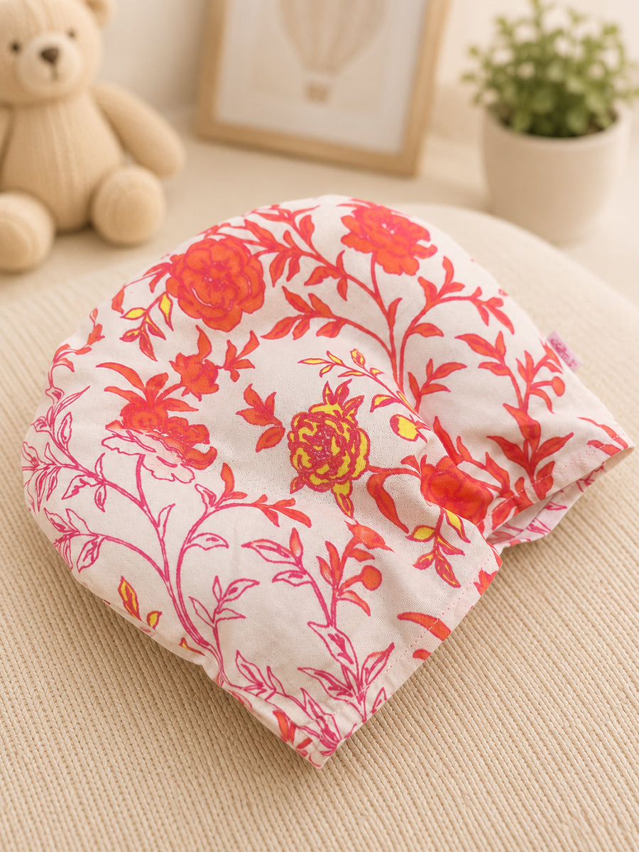 Ziva Baby Ergonomic Head Support Pillow | White with Orange Floral Print | Soft Cotton Cover