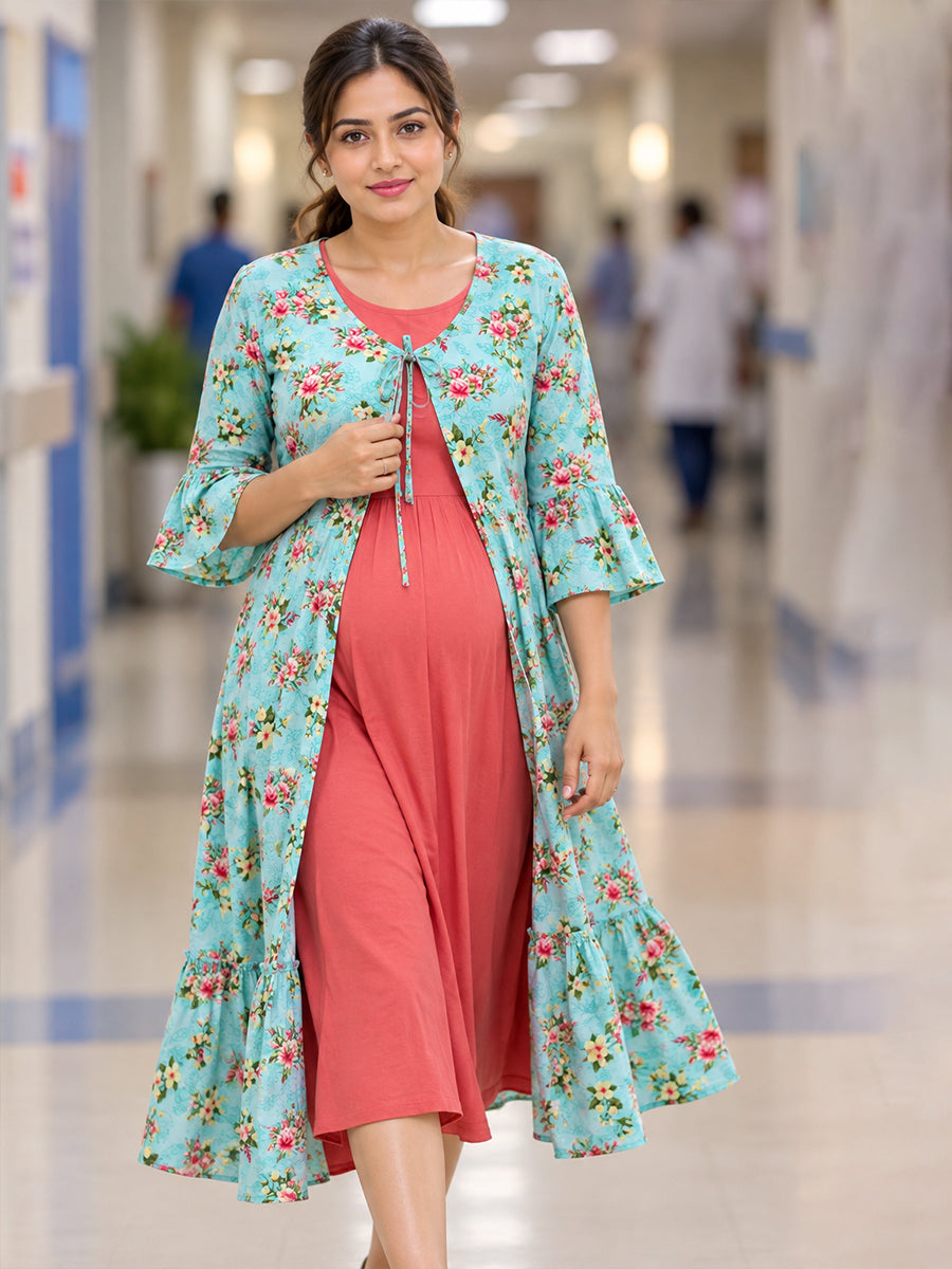 Ziva Premium Rayon Maternity & Feeding Dress with Sleeveless Inner & Floral Tie-Up Long Jacket with Side Pocket | Coral Pink & Light Aqua Blue Floral