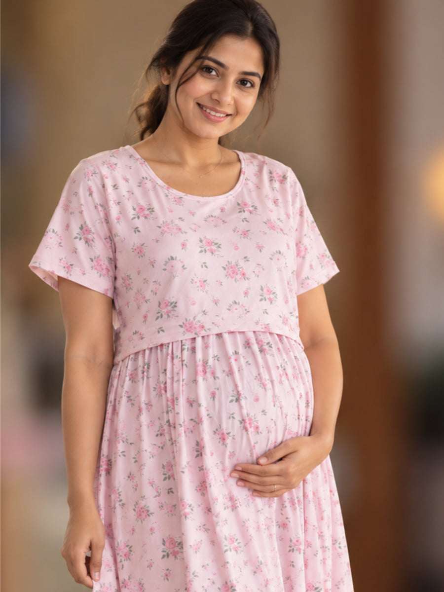 Ziva Zipless Maternity & Feeding Knitted Dress with Adjustable Waist Tie & Side Pocket | Soft Blush Pink Rose Floral