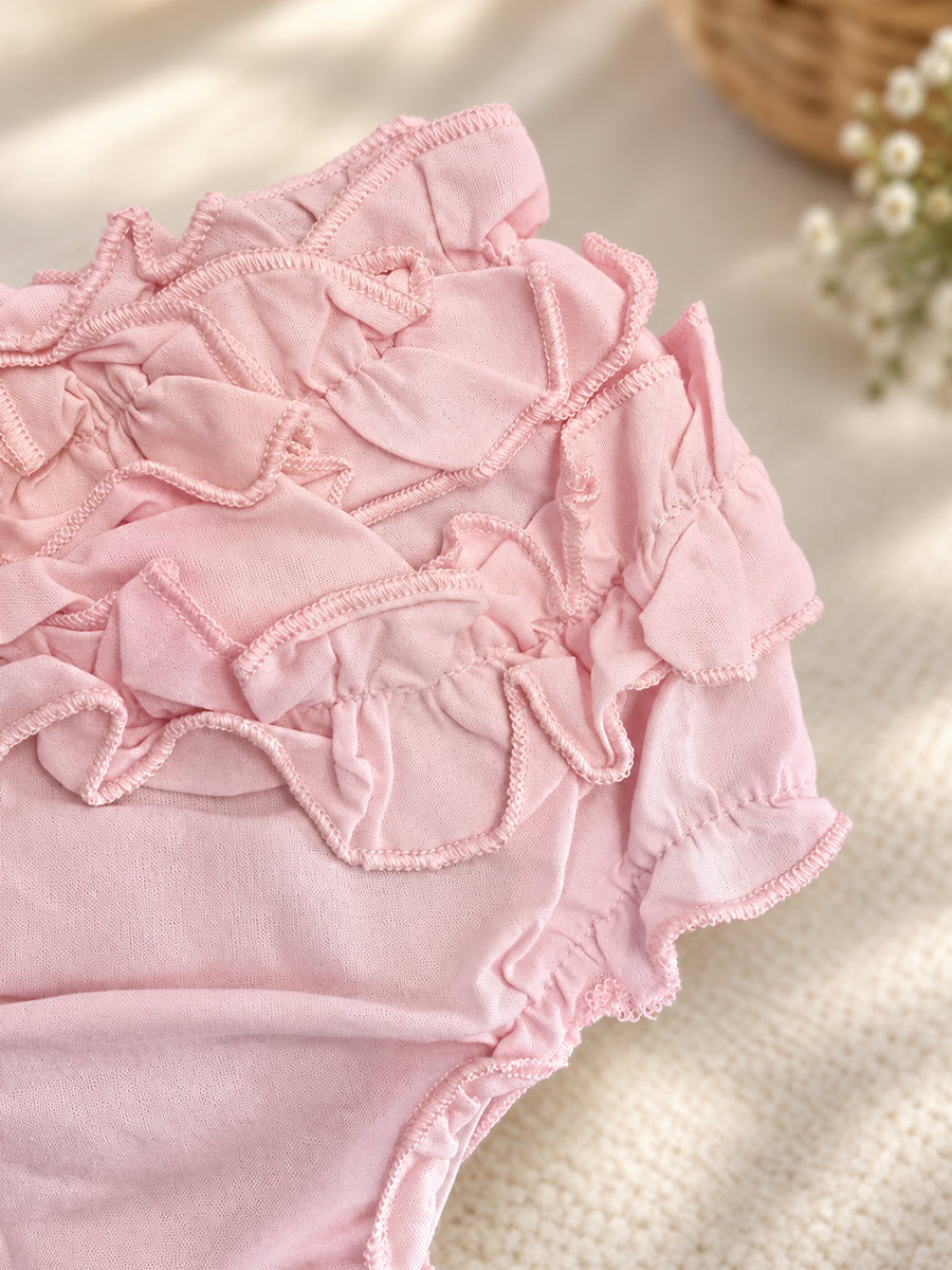 Ziva Baby Girl Cotton Ruffle Top & Bloomer Set – Soft Baby Pink | Cream Lace Detail | 1 Top + 1 Bloomer